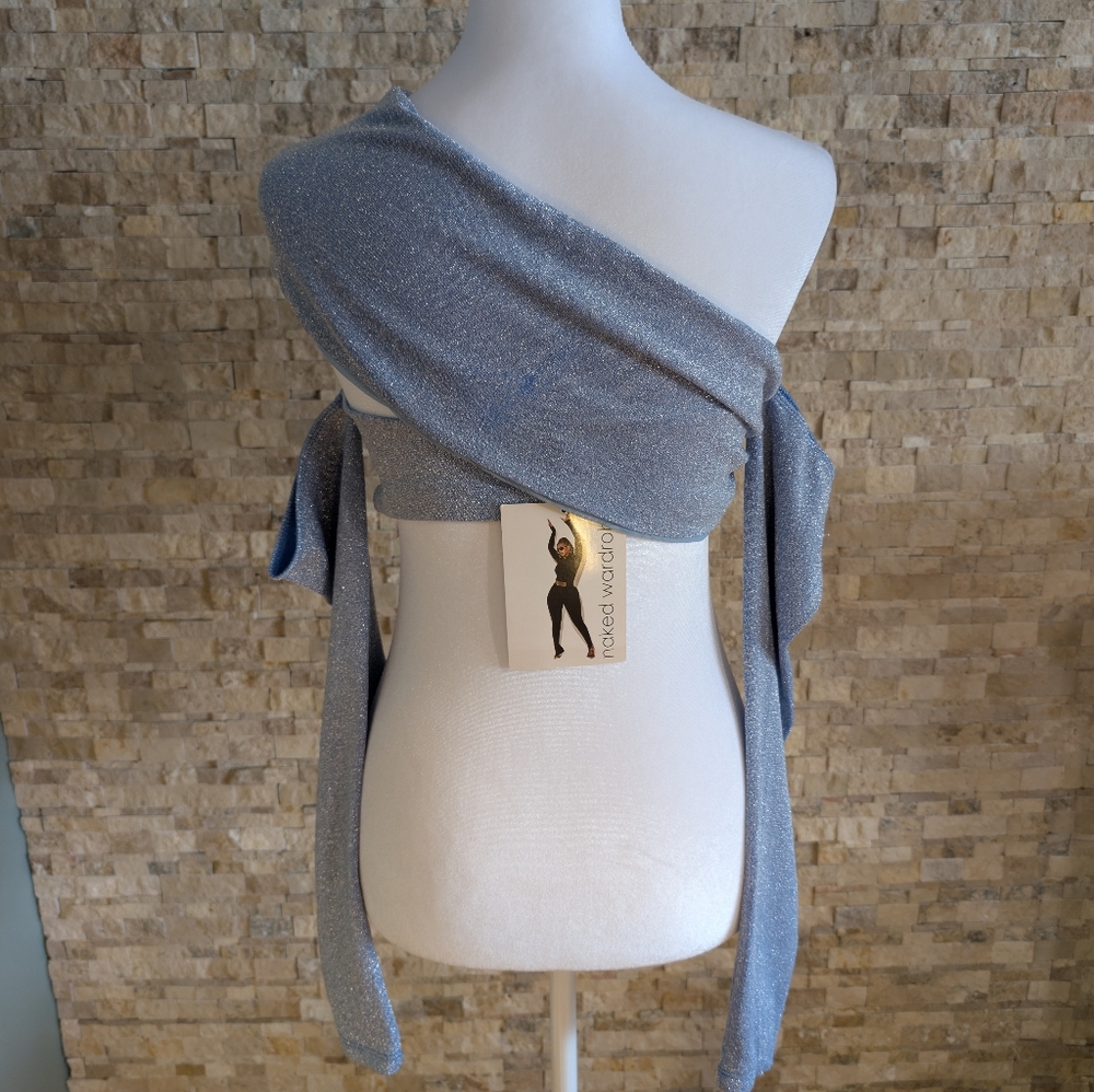 Naked Wardrobe One Shoulder Shimmer Metallic Long Sleeve Blue Top Small NWT image 4